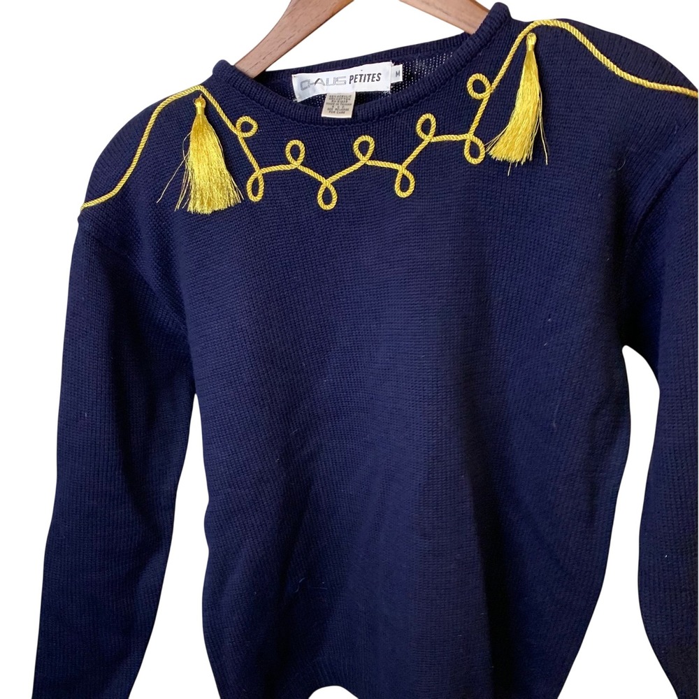 Vintage CHaus Petites Navy Sweater M Rope Trim Tassels 80s 90s Retro Y2K Style